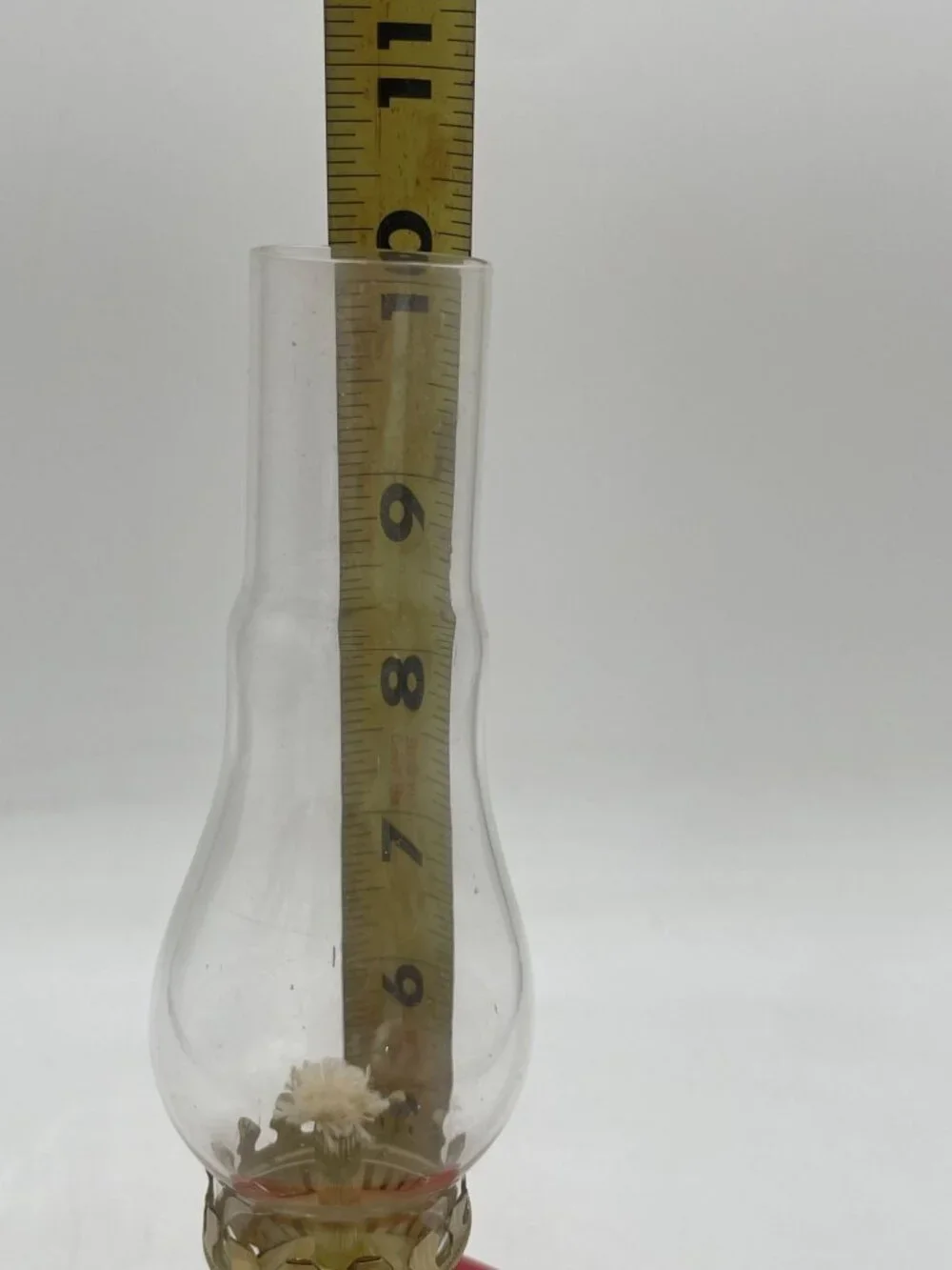 Vintage Red Glass Oil Lamp Brass Burner & Clear Chimney 10 Inches Tall
